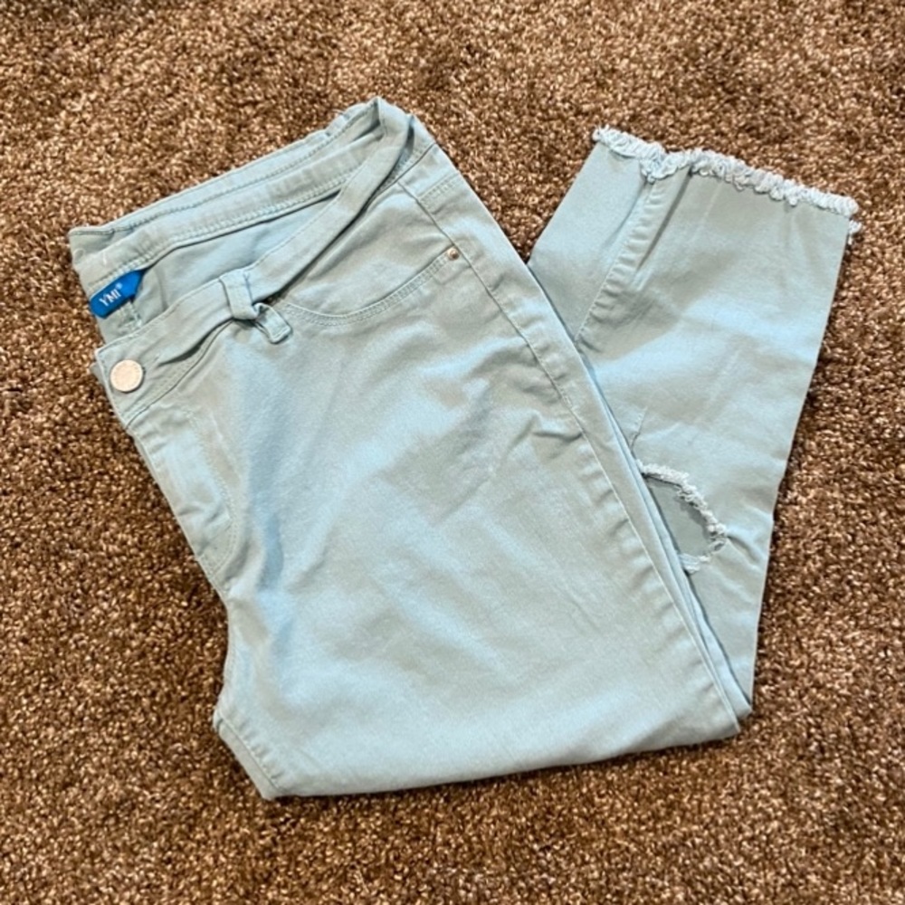 Teal distressed capris